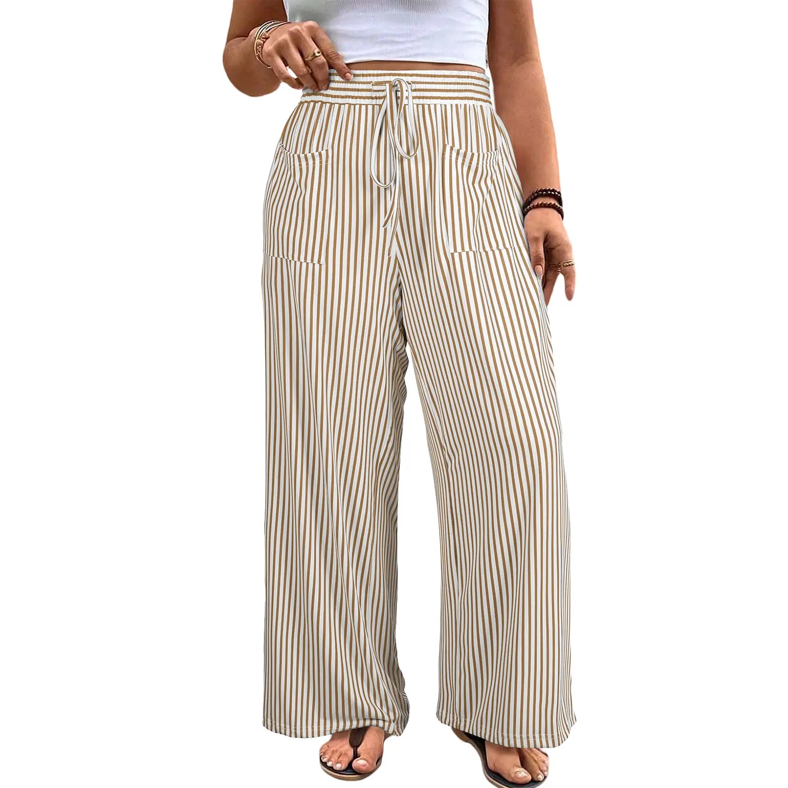 Women‘s Plus Size Wide Leg Pants Elastic High Waist Striped Casual Palazzo Pants Lounge Trouser with Pockets (1X-5X)