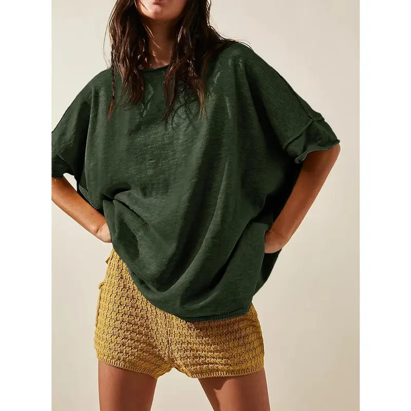 Women's Loose-Fit T-Shirt – Casual Summer Crew Neck Drop-Shoulder Short-Sleeve Top with Side-Slit Hem