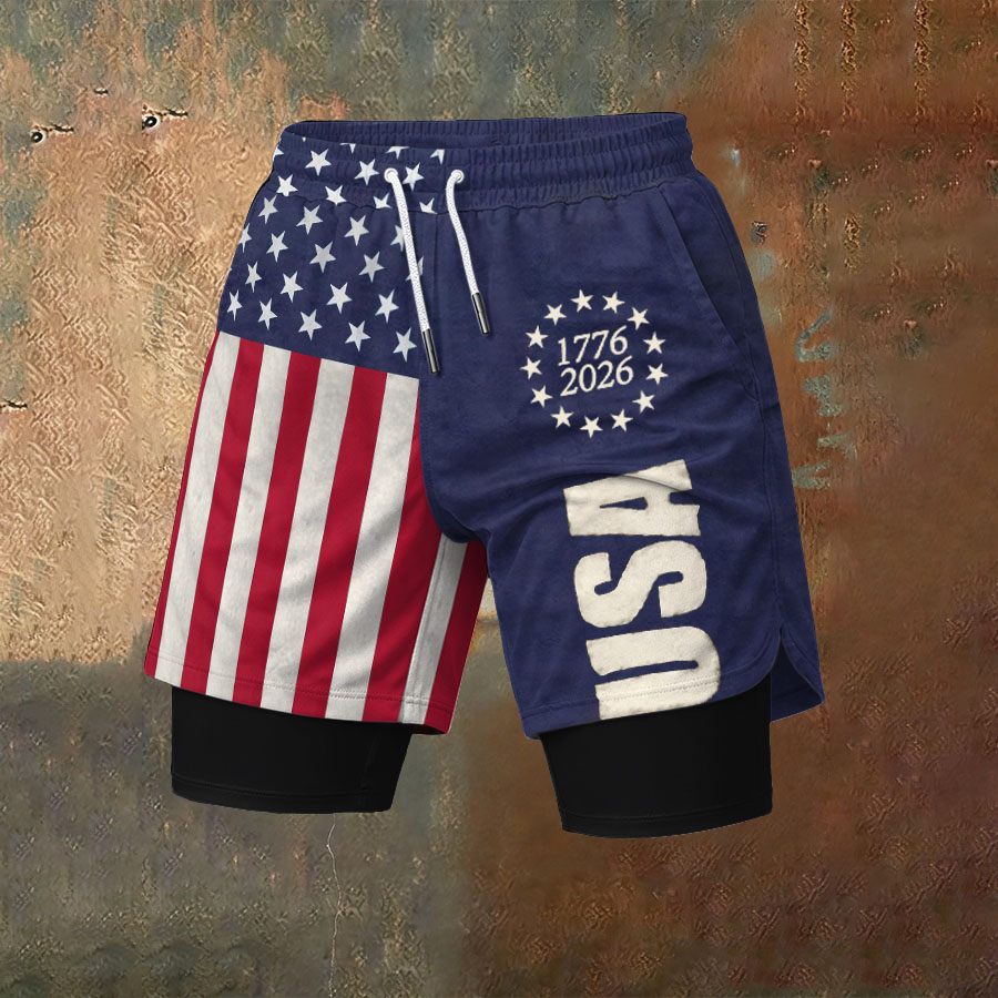 Men'S Independence Day Founding Celebration Printed Pattern Slim Fit Double Layer Sports Elastic Belt Quick Drying Breathable Shorts