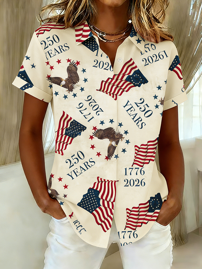 Ladies' Casual Commemorative American Flag Eagle Lapel Short Sleeved Shirt