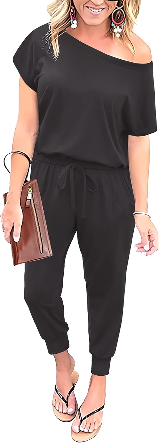 Summer Jumpsuit Rompers Off Shoulder for Women with Pockets Casual Elastic Waist