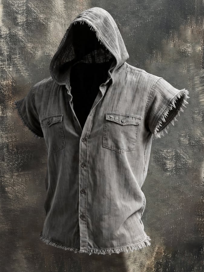 Men'S Retro Cotton-Linen Short-Sleeve Hoodie Shirt With Frayed Edges