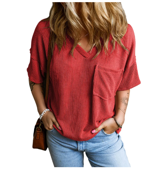 Women's Oversized Summer T Shirts Tops V Neck Short Sleeve Ribbed Knitted Casual Loose Fit Blouses