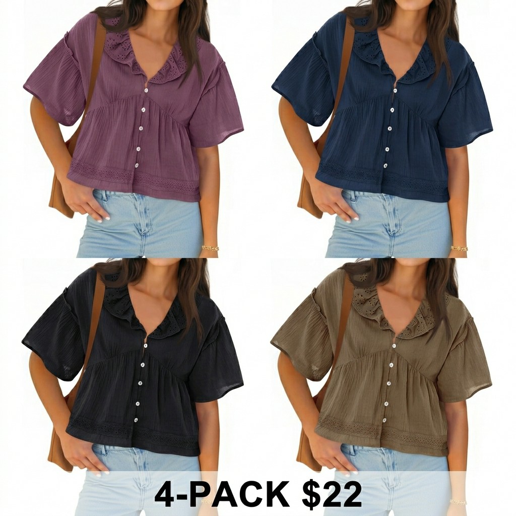 Women's Cropped Babydoll Top – V Neck Eyelet Blouse with Ruffle Sleeves & Button Front