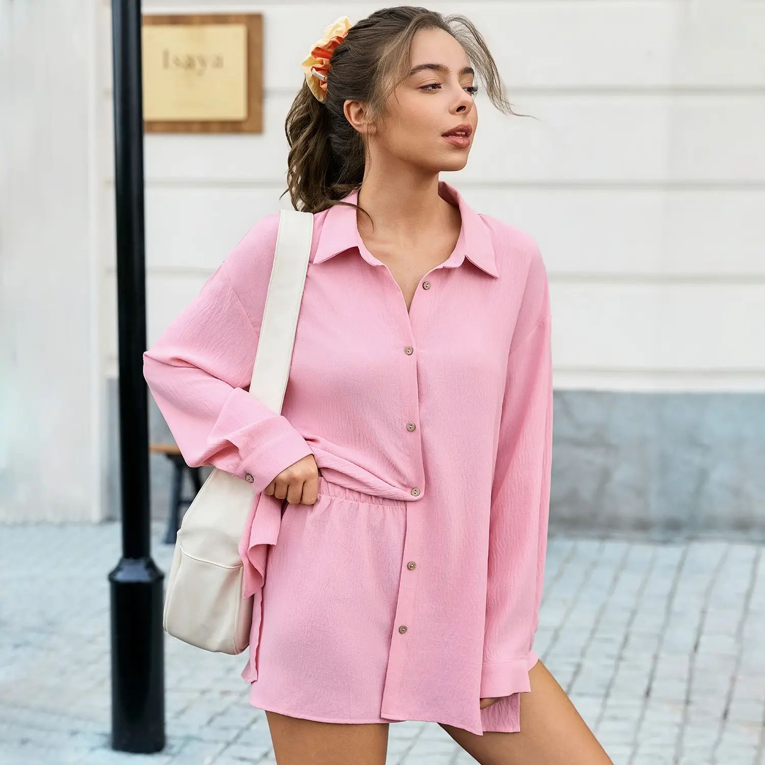 Womens Gauze Shirt & Shorts Set 2-in-1 Button Connected Oversized Long Sleeve Button-Down Top with Attachable Safety Shorts