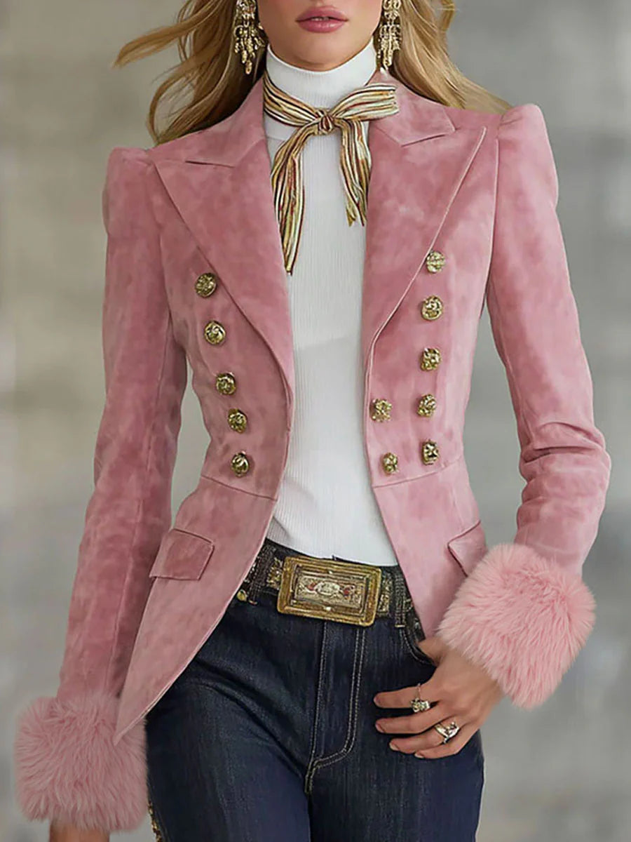 Lapel Multi-button Faux Suede And Fur Blazer