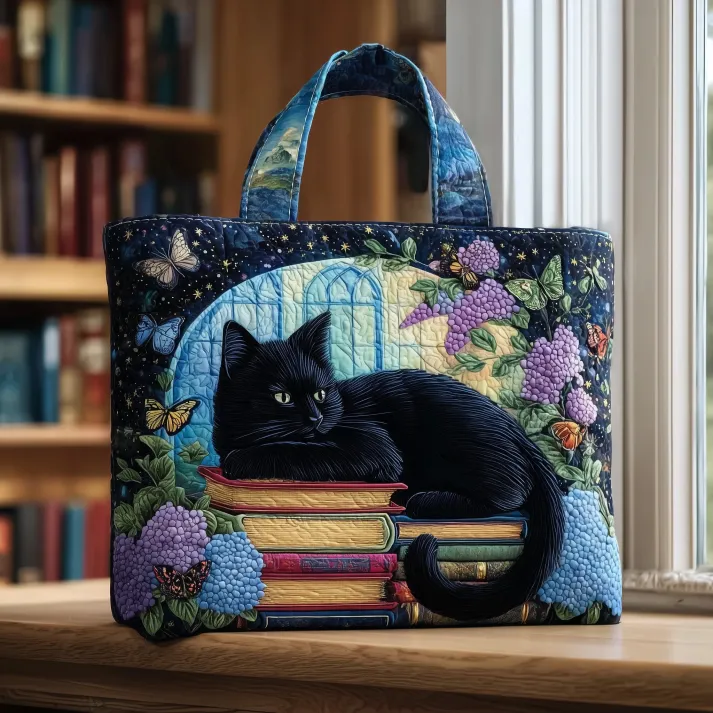 Mystic Garden Midnight Cat Quilted Tote