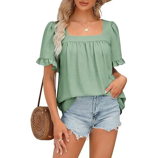 Women's Cottagecore Coquette Blouse - Square Neck Peplum Top with Ruffle Sleeves