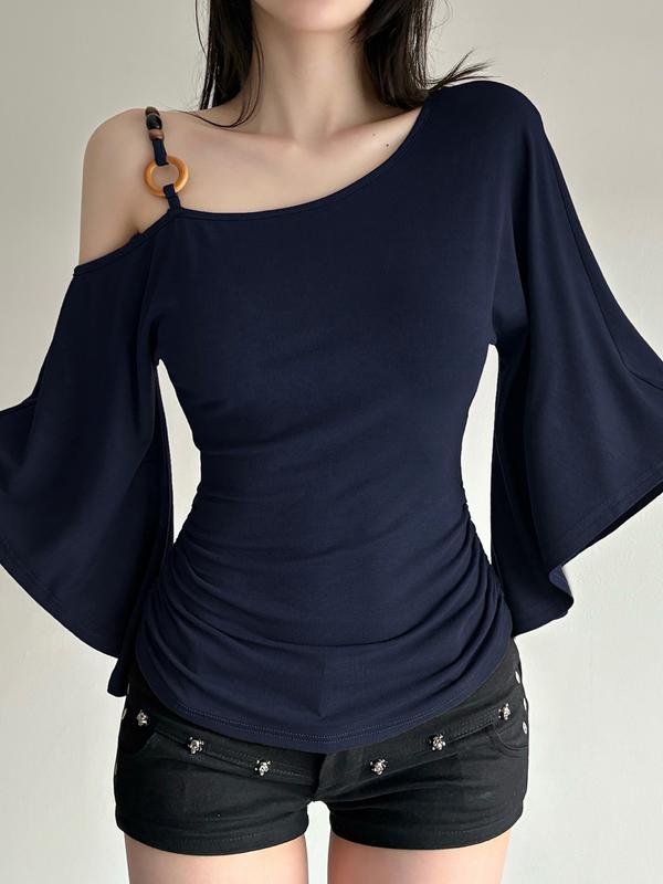 Women’s Retro Asymmetrical Beaded Shoulder Top – Slim Fit Flounce Sleeve Blouse