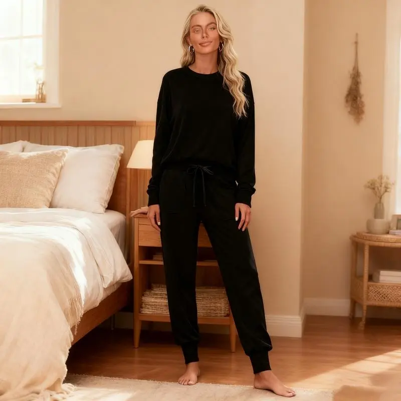 Women's Long Sleeve Knit Loungewear Set Jogger Pants Outfit