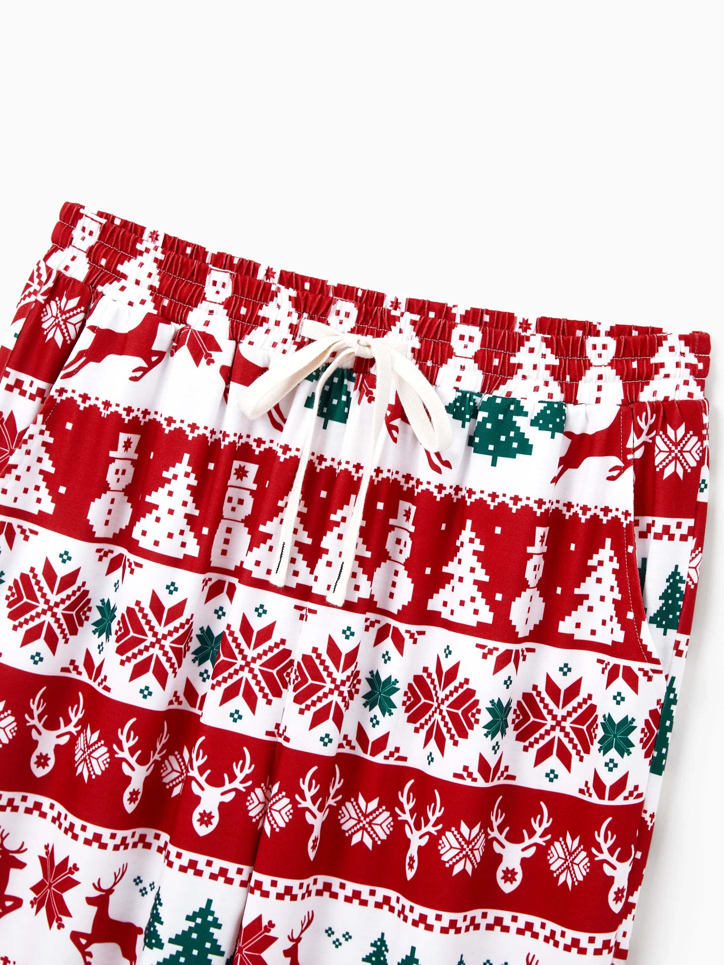 Christmas Matching Family Pajamas Set Reindeer and Snowman Print Red Long-sleeve PJS with Christmas Socks Red