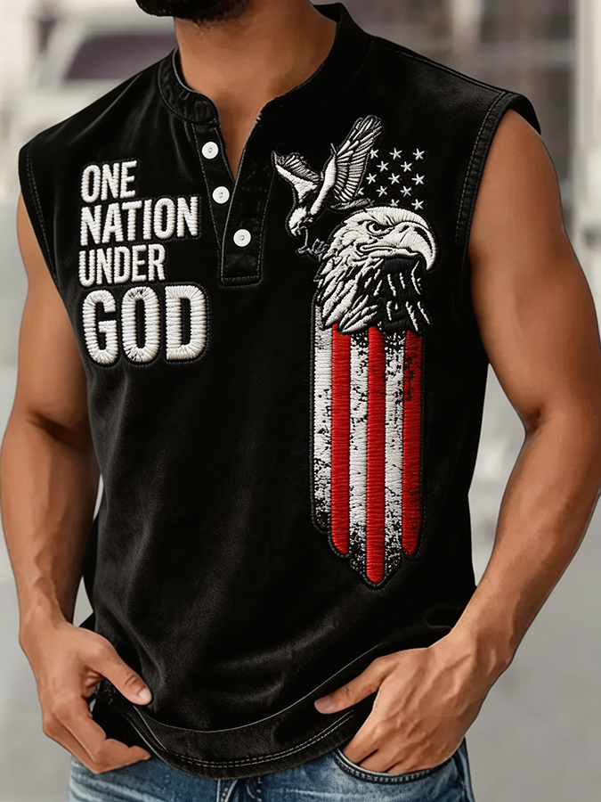 Men's One Nation Under God Bald Eagle USA Flag Embroidered Sleeveless Top