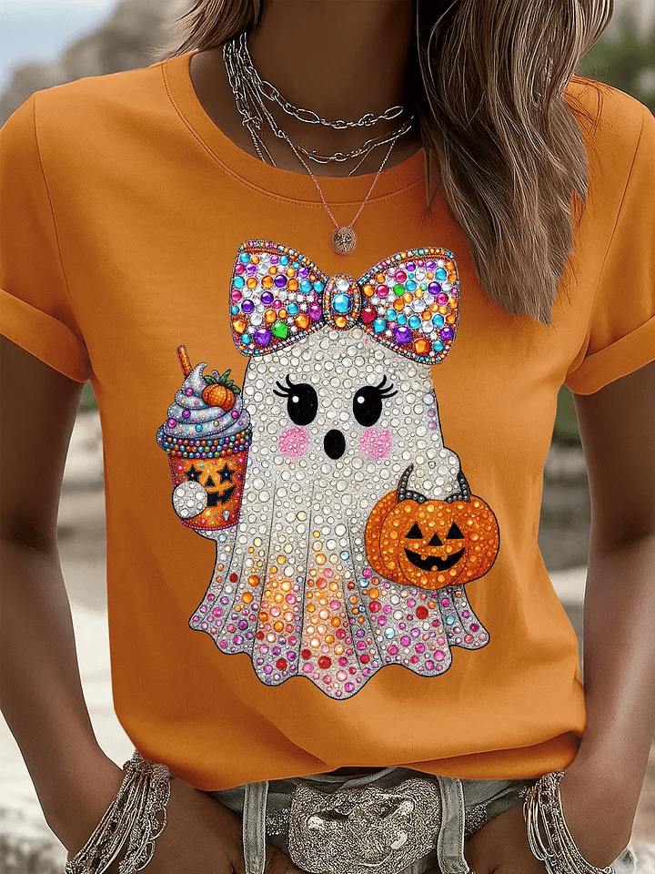 Women's Halloween Pumpkin Ghost Art Print T-shirt