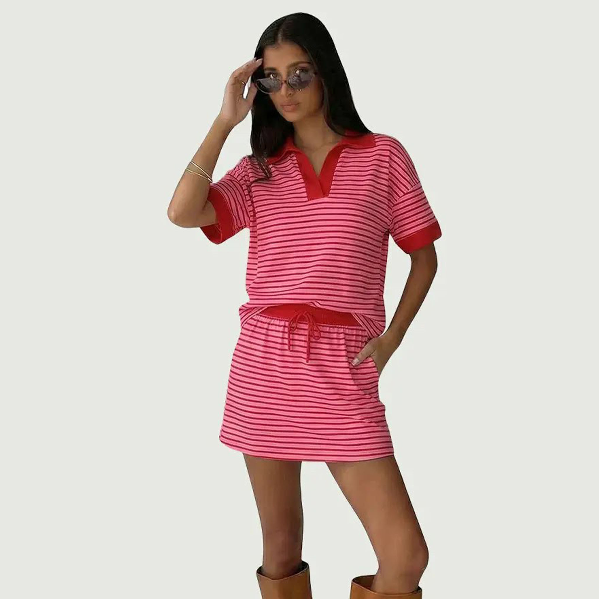 Women’s Striped 2-Piece Skort Set – V-Neck Polo Top & Built-In Shorts