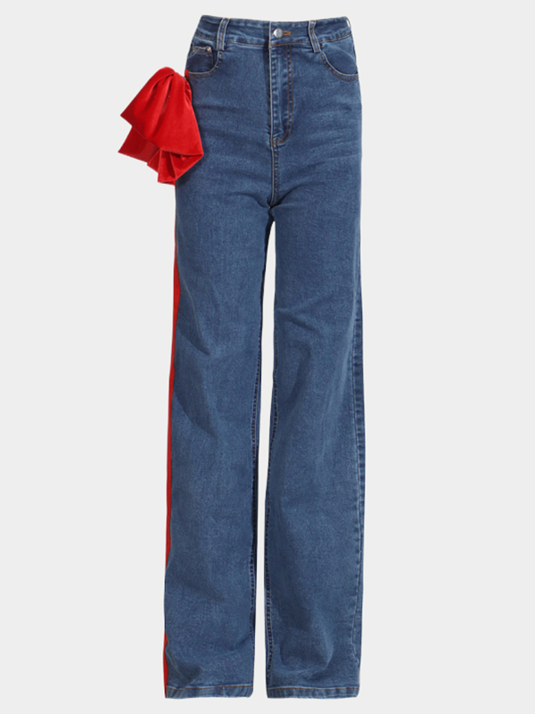 Buttoned Contrast Color Pockets Tied High Waisted Loose Jean Pants Bottoms
