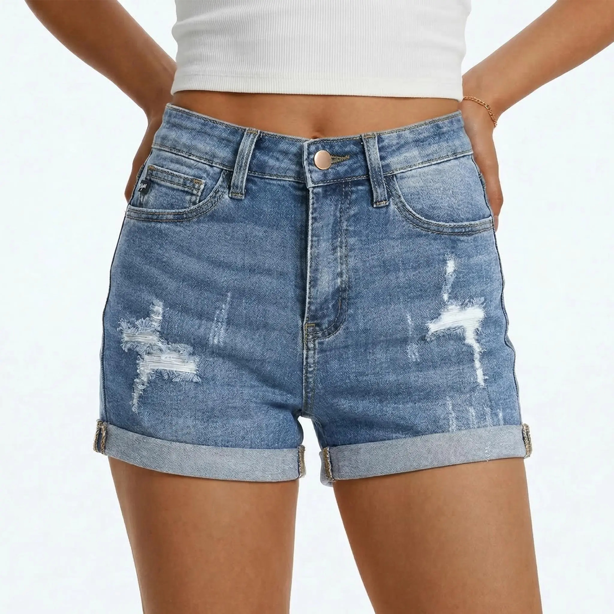 Women's Mid-Rise Stretchy Distressed Cuffed Denim Shorts