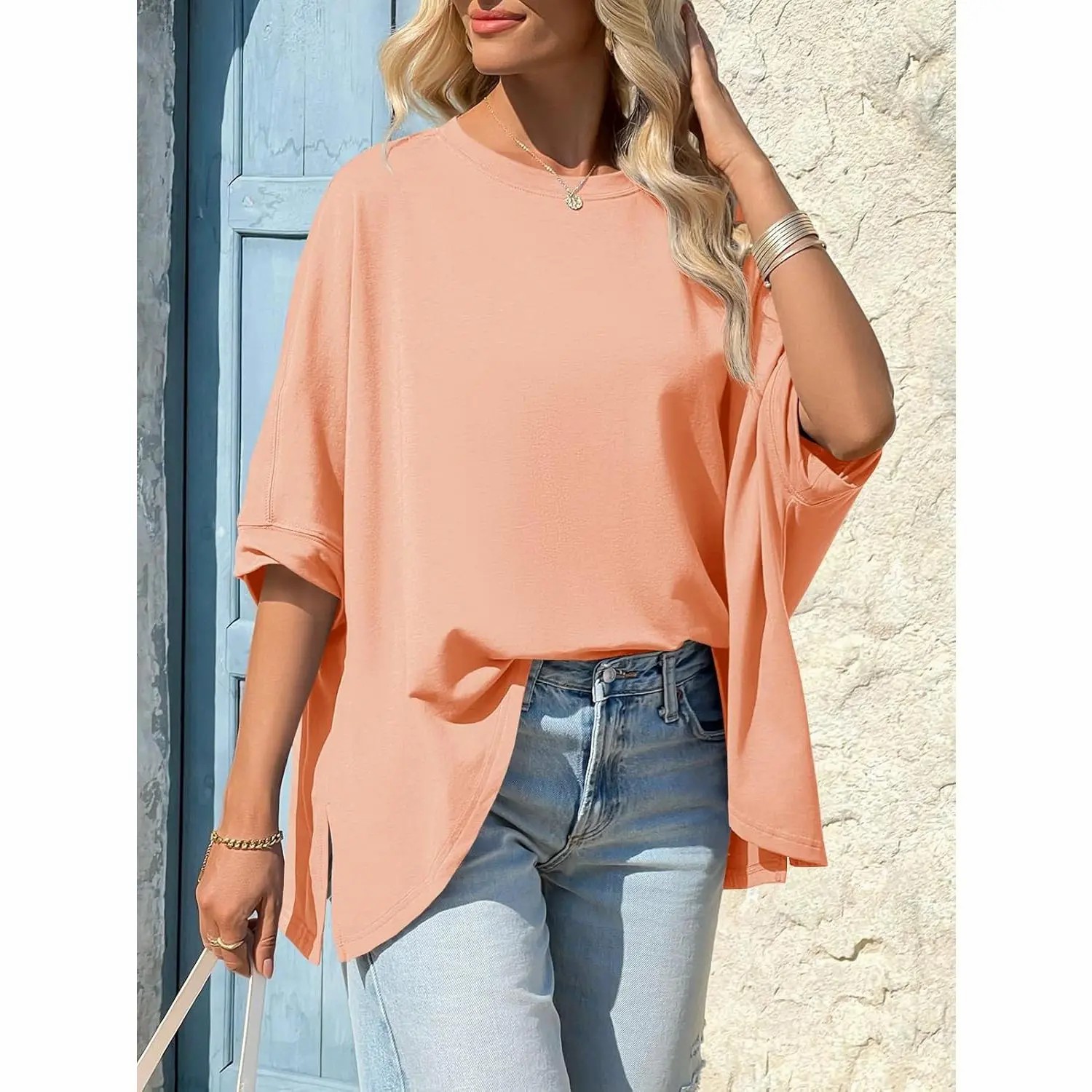 Women's Oversized Batwing Sleeve T-Shirt – Asymmetric Hem Loose Fit Tunic Top