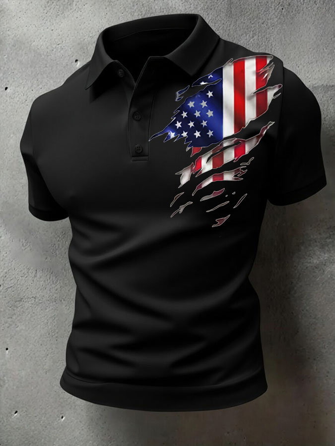 Men'S Retro American Flag Printed Casual Polo Shirt