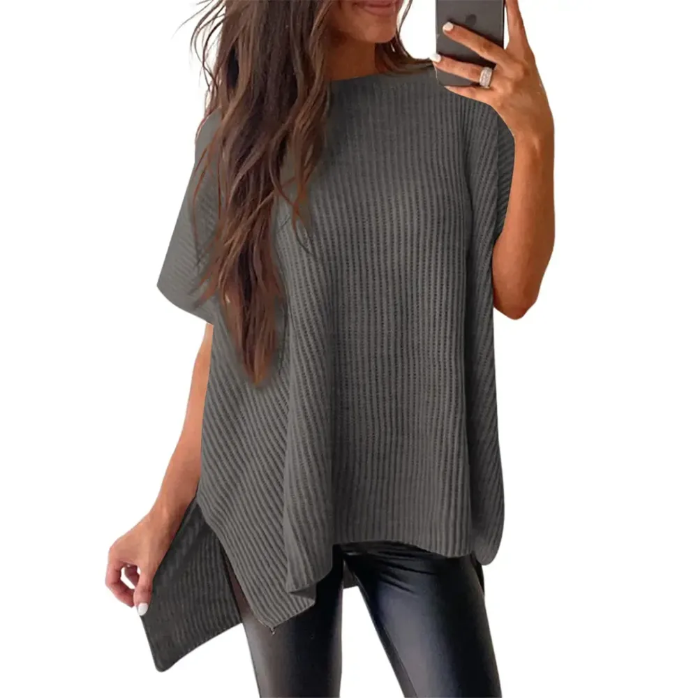 2026 Spring/Summer Oversized Cozy Ribbed Knit Top Women’s Crew Neck Short Sleeve Pullover Elegant Solid
