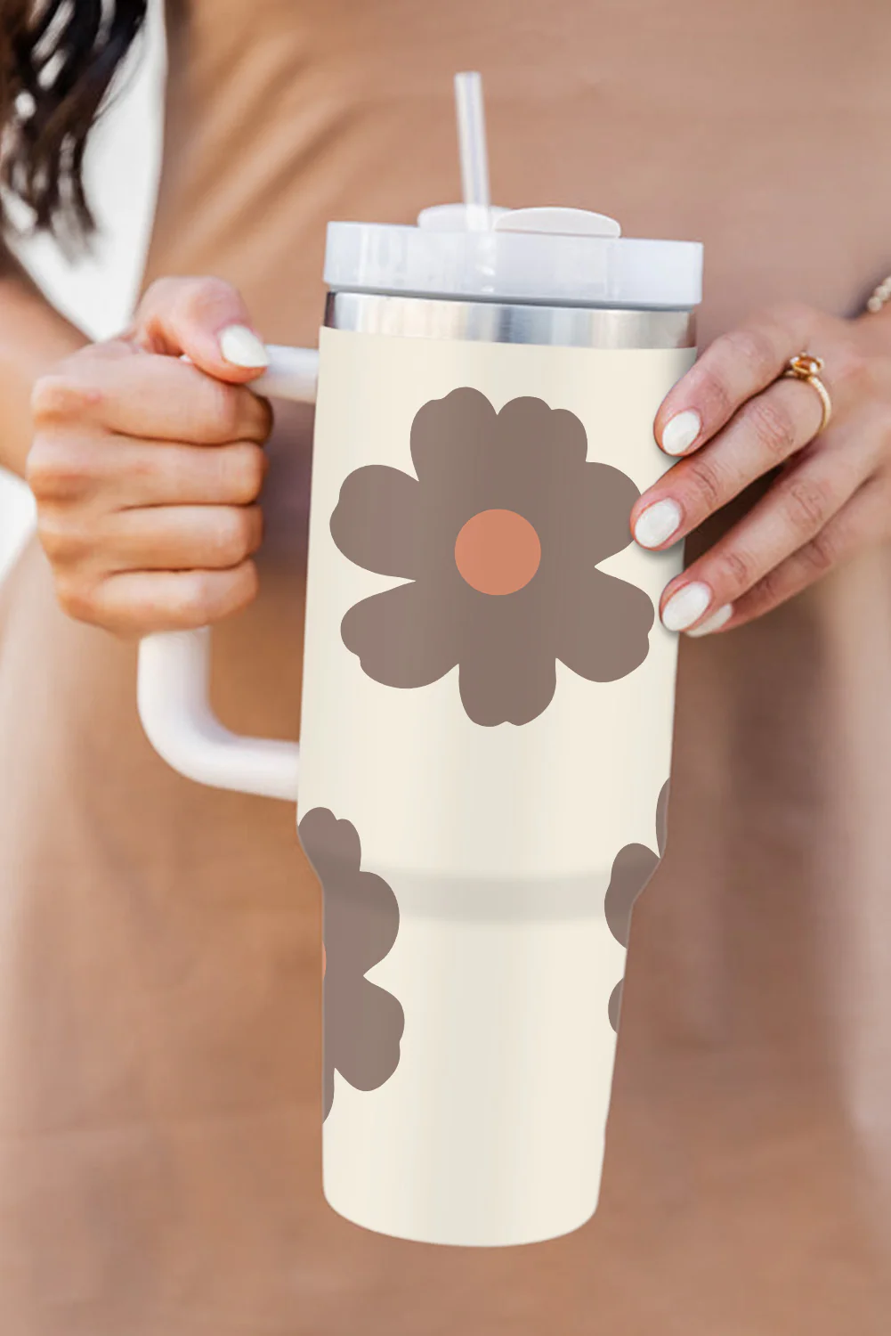 White Floral Leaves Print Stainless Large Portable Cup 40oz