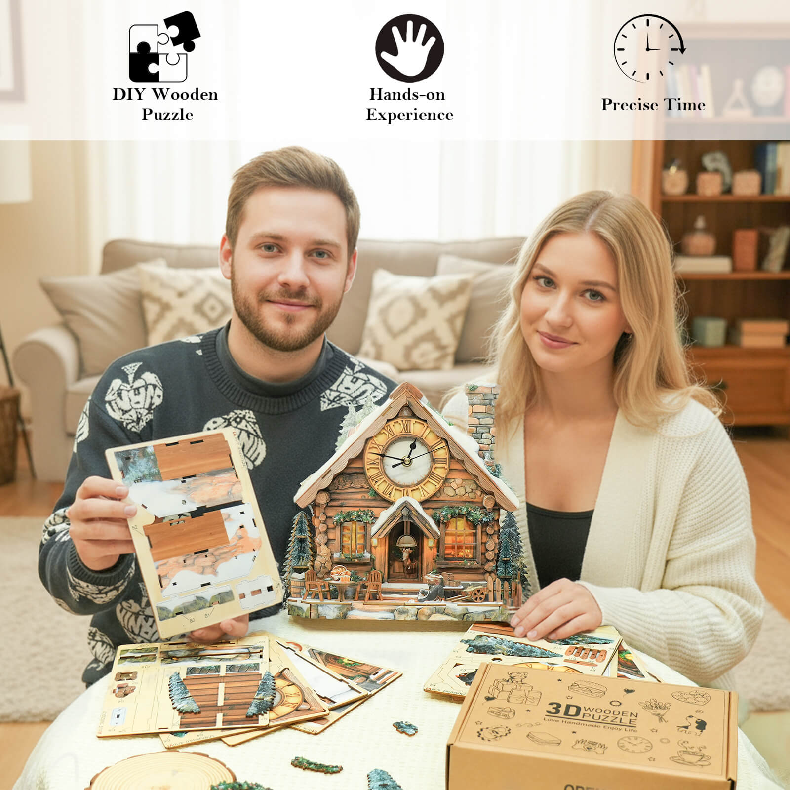 Swiss Chalet DIY Wooden Clock, 3D Puzzle Craft Kit