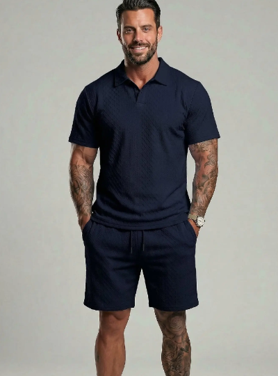Men's Solid Polo Shirt & Drawstring Waist Shorts Set Cozy Breathable Two-piece