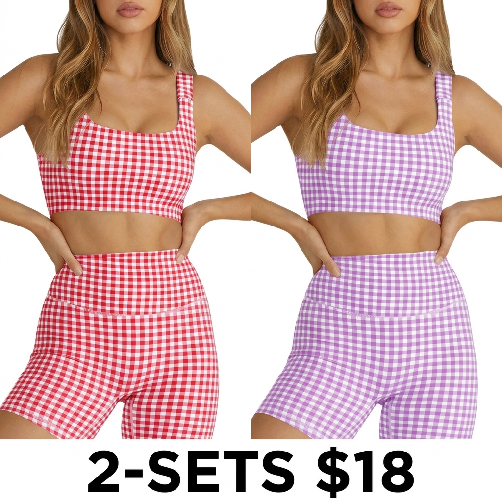 Women's 2-Piece Athleisure Set – Padded Open Back Gingham Crop Tank & High Waisted Seamless Shorts