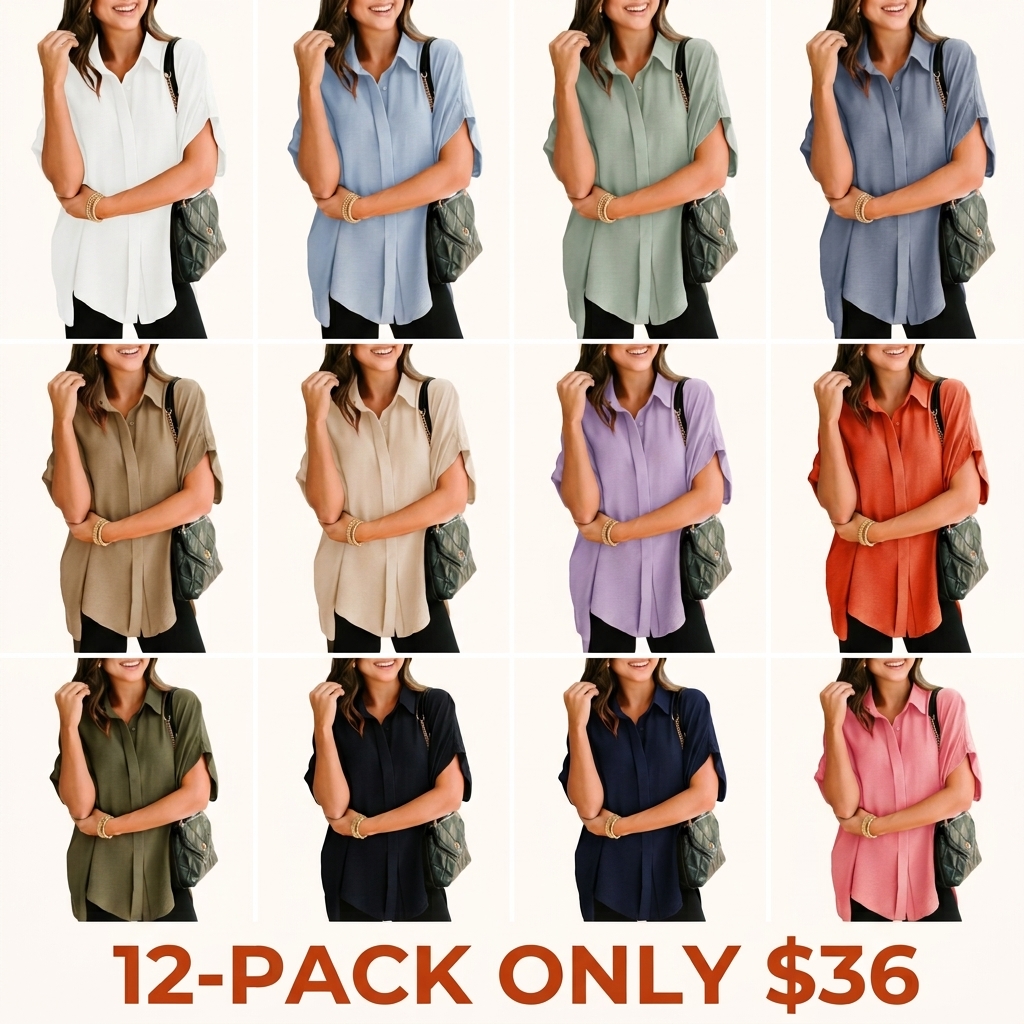 Women's White Top – Stylish casual design featuring a V-neck, button-front, and short sleeves; a solid-color shirt