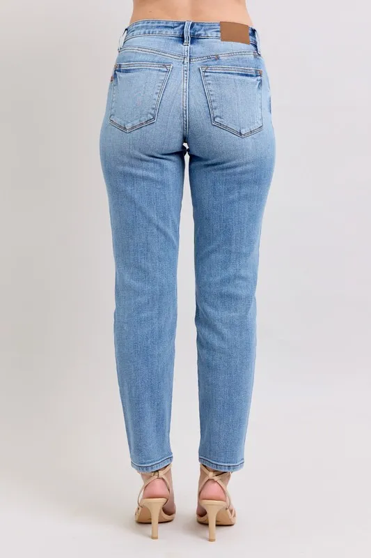 Blue Full Size Mid Rise Vintage Wash Slim Jeans with Cell Phone Pocket Plus Size