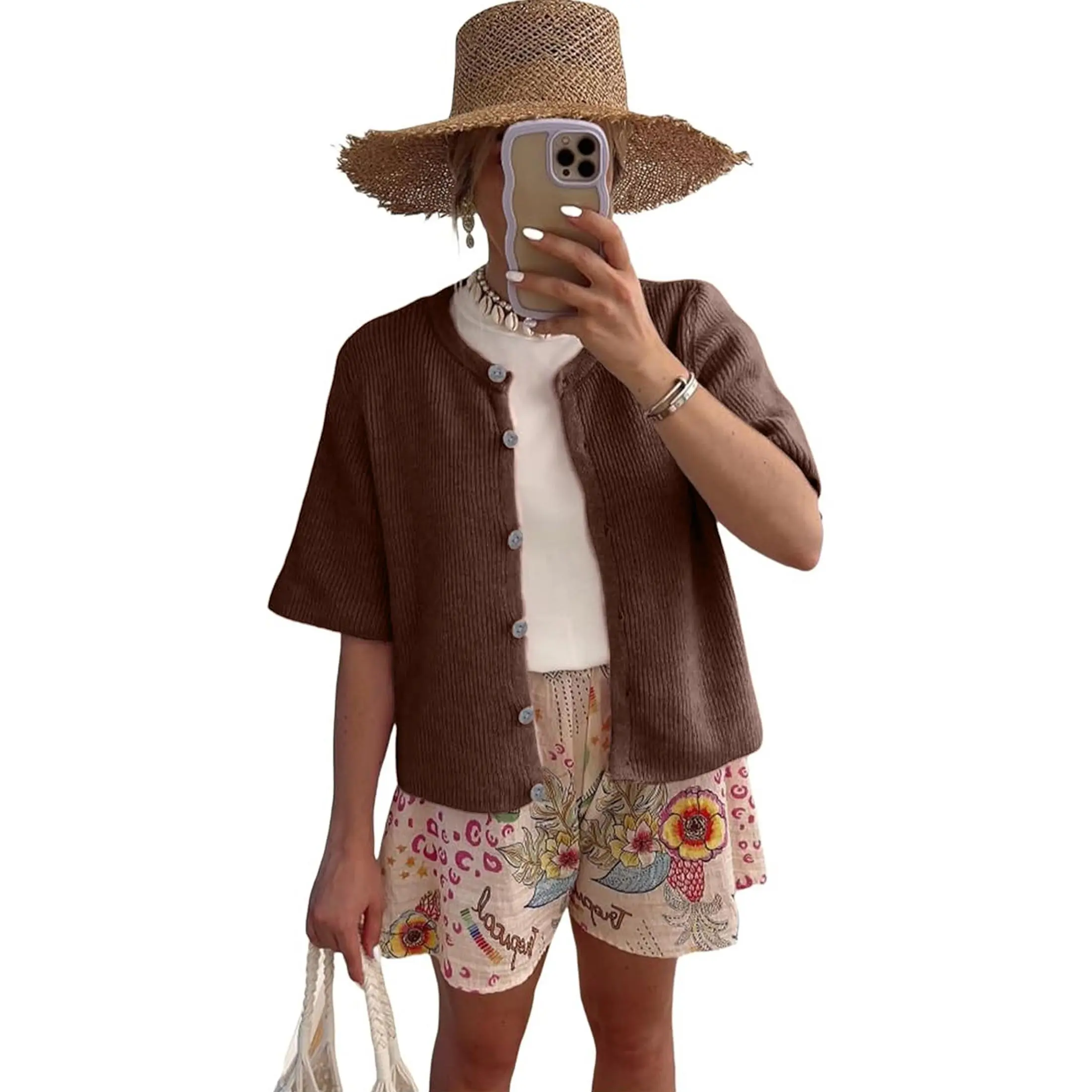 Women's Short-Sleeve Cardigan Sweater — Crew Neck, Soft Rib-Knit, Button-Front Top