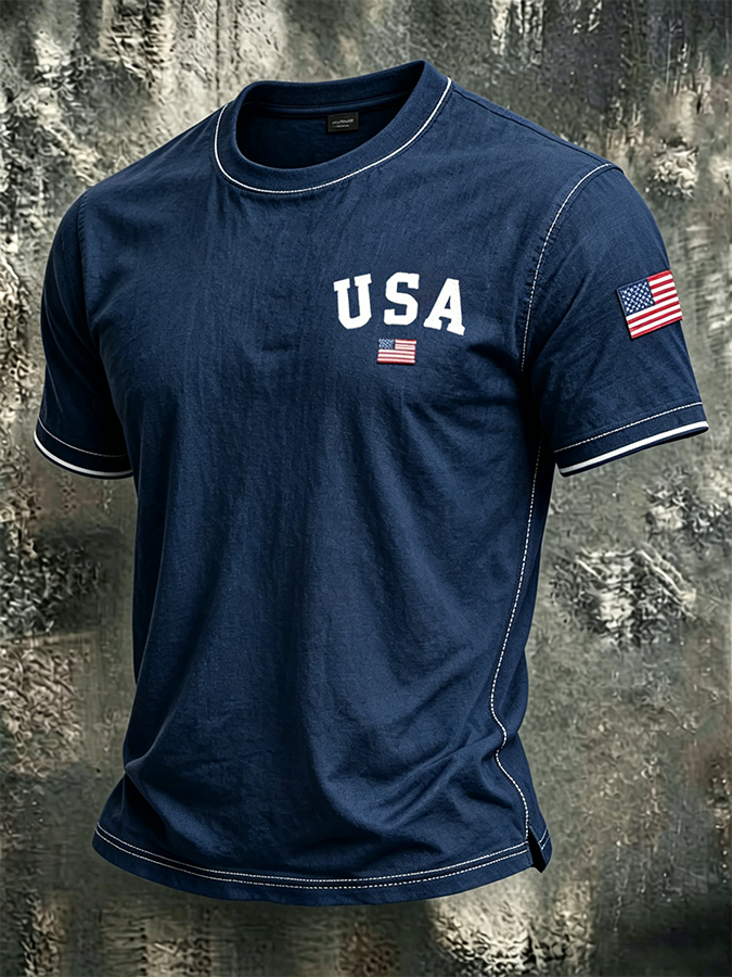 Men'S Casual USA Commemorative Embroidered Printed Round Neck T-Shirt