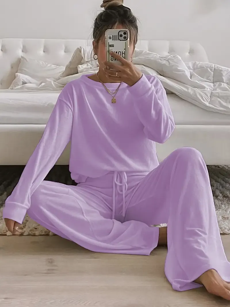Women's Solid Casual Lounge Set, Long Sleeve Round Neck Top & Elastic Drawstring Pants, Comfortable Relaxed Fit For Fall