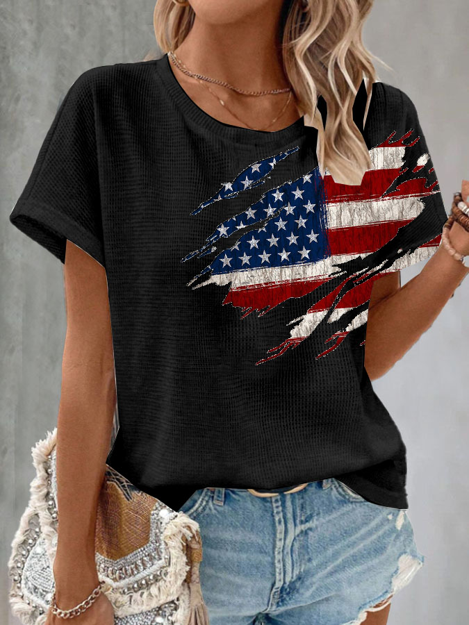 Women's Retro American Flag Printed Waffle T-shirt
