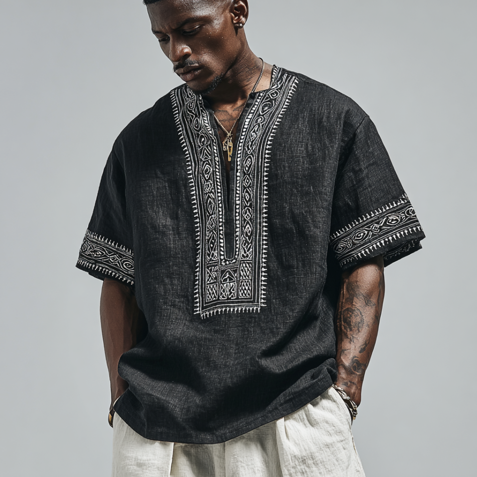 Egyptian Retro Cotton And Linen V-neck Short-sleeved Shirt
