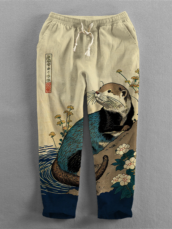 Men's Floral Otter Water Japanese Art Print Casual Sweatpants