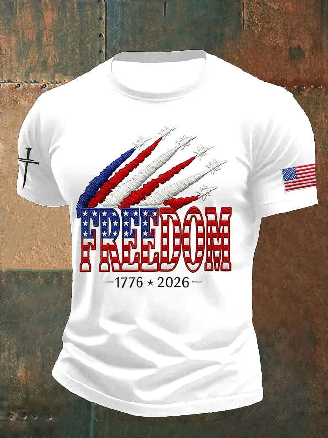 Men's Retro Freedom American Flag Cross Print Round Neck T-Shirt