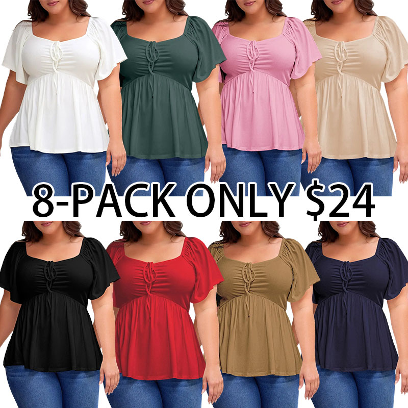 Women Plus Size Sweetheart Neck Short Sleeve Shirred Peplum Rib Blouse Tops Shirts
