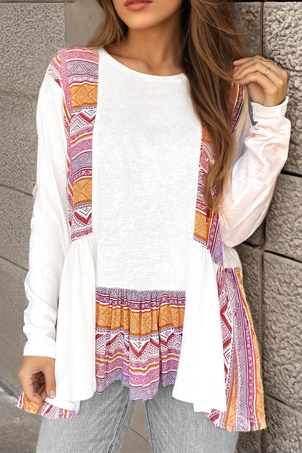 Western Aztec Print Patchwork Ruffled Tunic Long Sleeve Babydoll Top