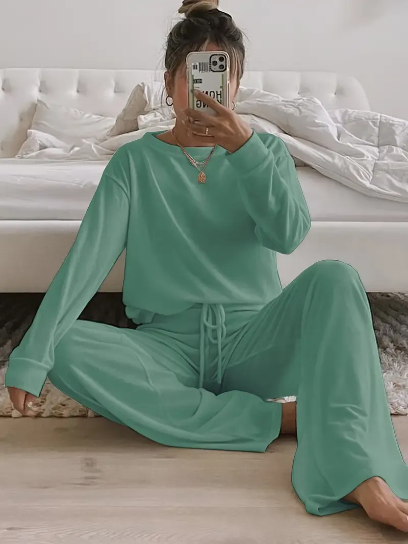 Women's Solid Casual Lounge Set, Long Sleeve Round Neck Top & Elastic Drawstring Pants, Comfortable Relaxed Fit For Fall