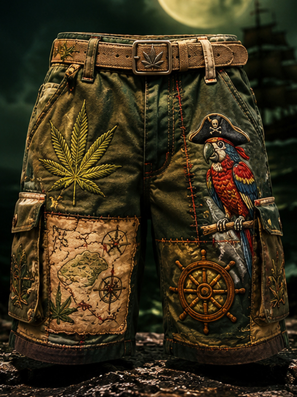 Men's Fun Parrot Leaf Boat Hippie Dark Art Print Casual Shorts
