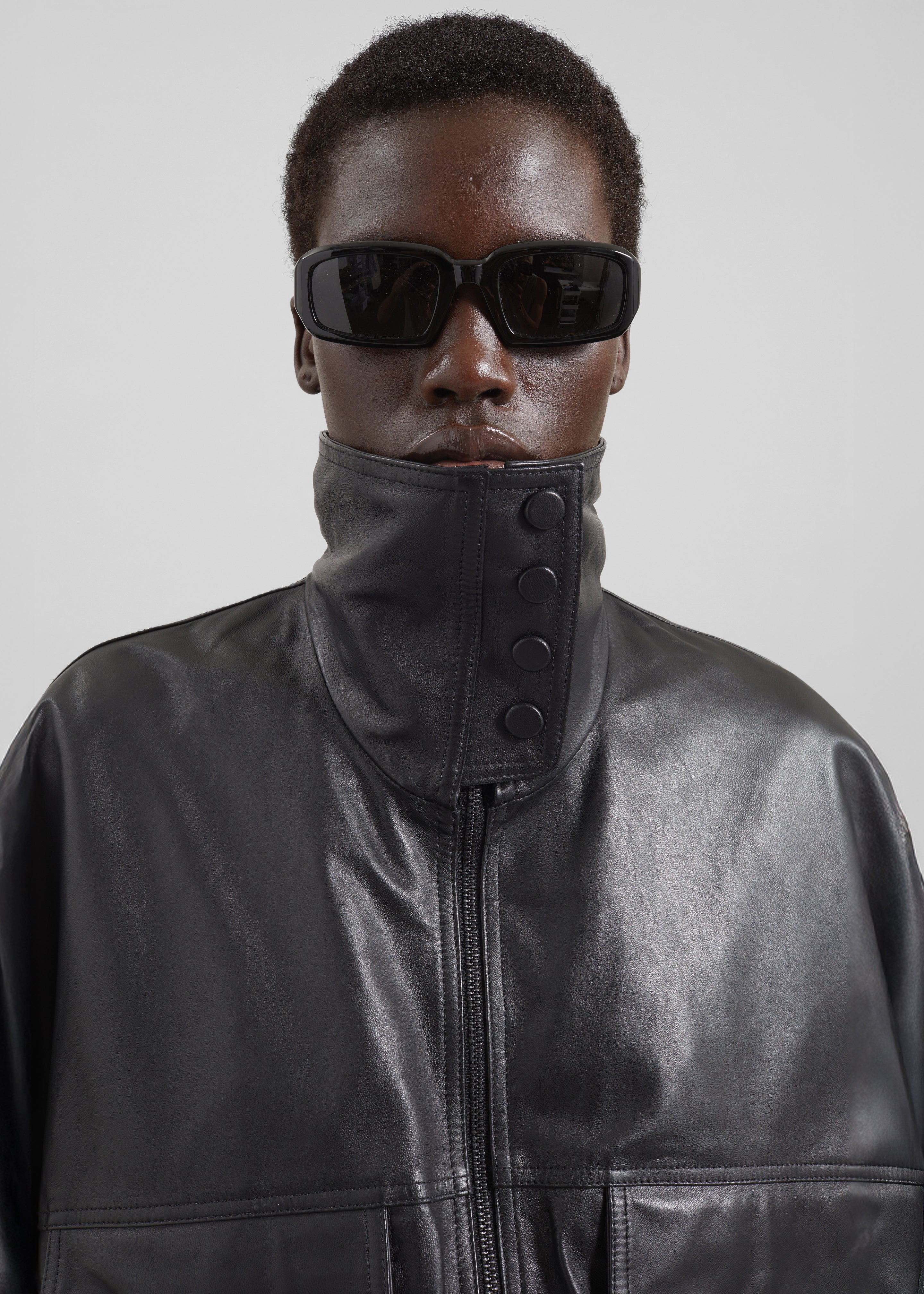 Carnaby Funnel Neck Leather Jacket - Black