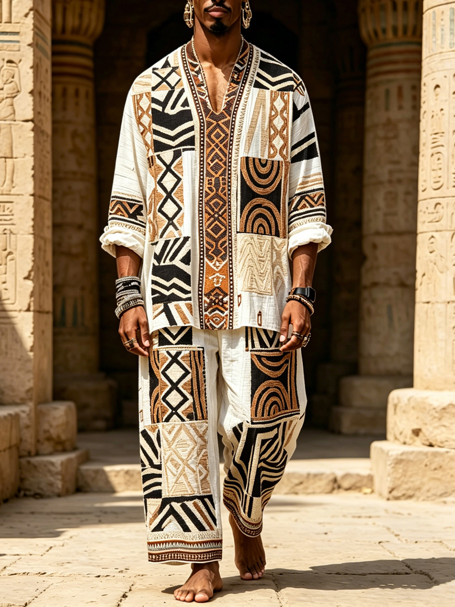 Men’s Geometric Linen-Look Casual Set – Loose Shirt & Wide-Leg Pants Two-Piece Outfit