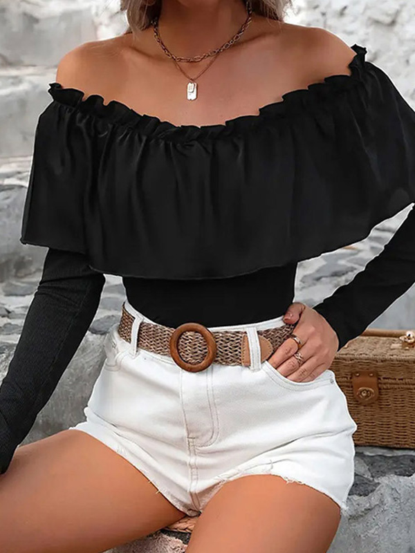 Pleated Solid Color Split-Joint Long Sleeves Skinny Off-the-shoulder T-Shirts Tops