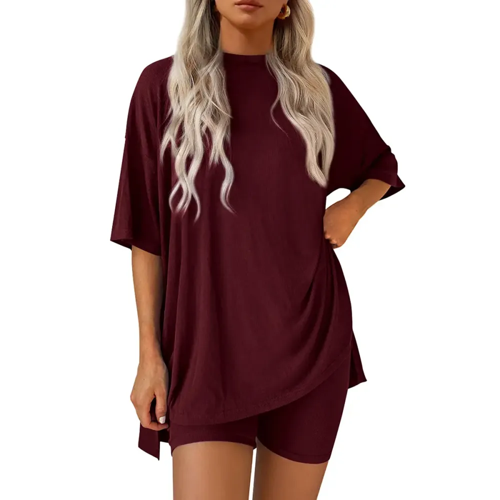 🔥Last Day Promotion ! Women Summer Casual Oversized Split Hem Shirts & Side Pocket Biker Shorts
