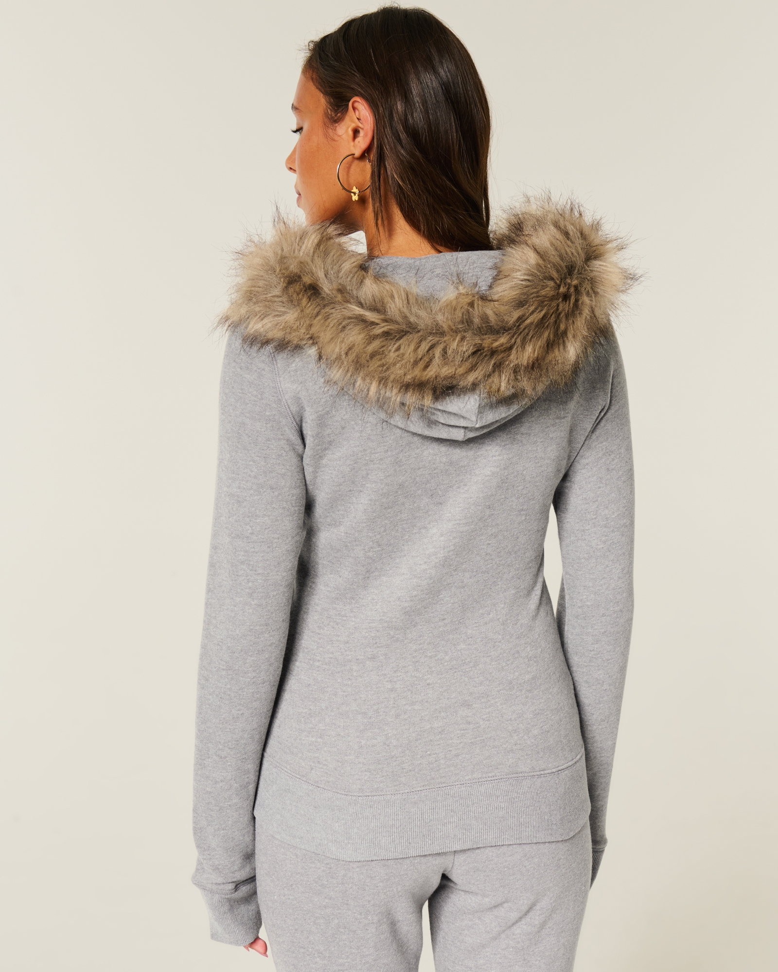 Faux Fur Trim Zip-Up Hoodie