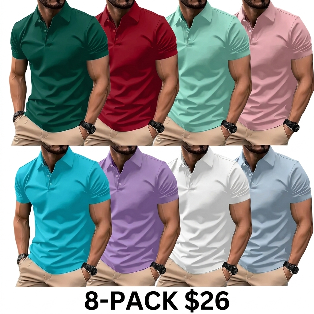Men's 8-Pack Multicolor Polo Shirts – Slim Fit Short Sleeve Casual Business Wear