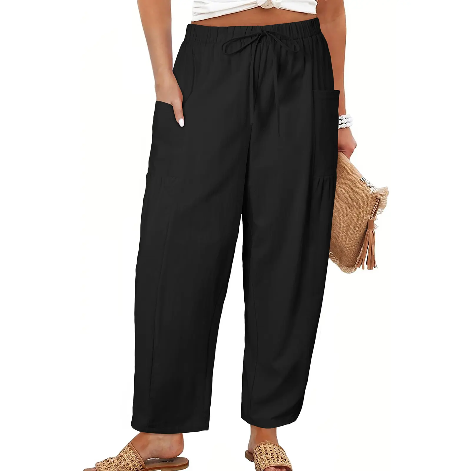 Women's Plus-Size Wide-Leg Pants — Pure Cotton Loungewear with Pockets