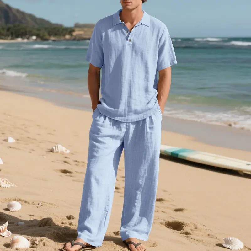 Men's Linen Beach 2-Piece Set – Short Sleeve Button Down Shirt & Loose Long Pants, Lightweight Summer Outfit