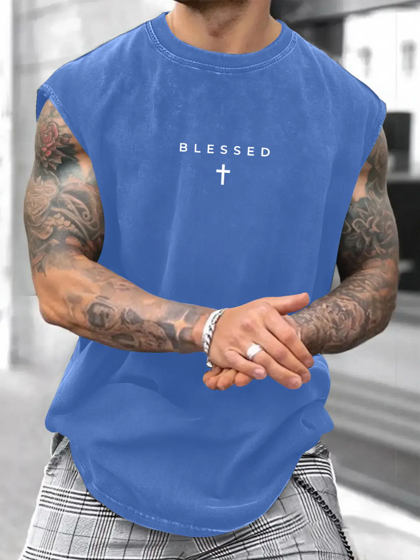 Men's Loose-Fit Sleeveless Short Graphic T-Shirt, Pure Cotton Menswear Streetwear Street Style Summer Top