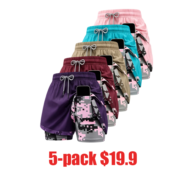 Women's 5-Pack 2-in-1 Camouflage Lined Running Shorts – Quick-Drying Anti-Chafing Sports Shorts for Gym, Yoga & Outdoor Workouts